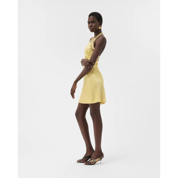 Versace Embroidered Silk Cady Satin Mini Dress in Yellow, view 4 | Mini Dresses