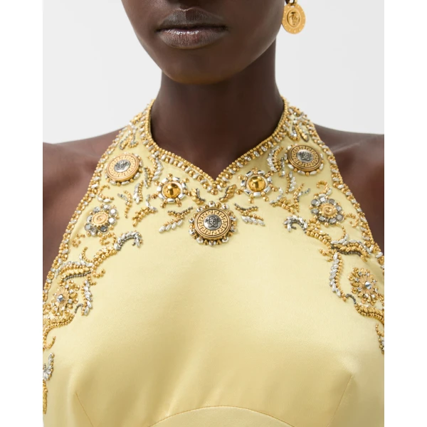 Versace Embroidered Silk Cady Satin Mini Dress in Yellow, view 5 | Mini Dresses