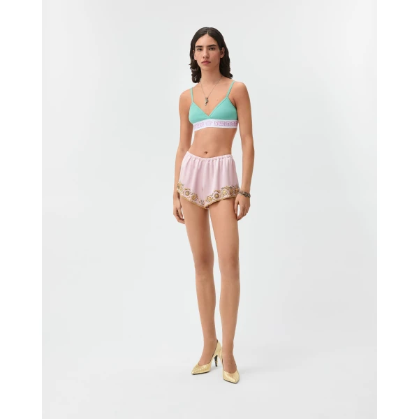 Versace Embroidered Silk Cady Satin Shorts in Pink, view 2 | Shorts