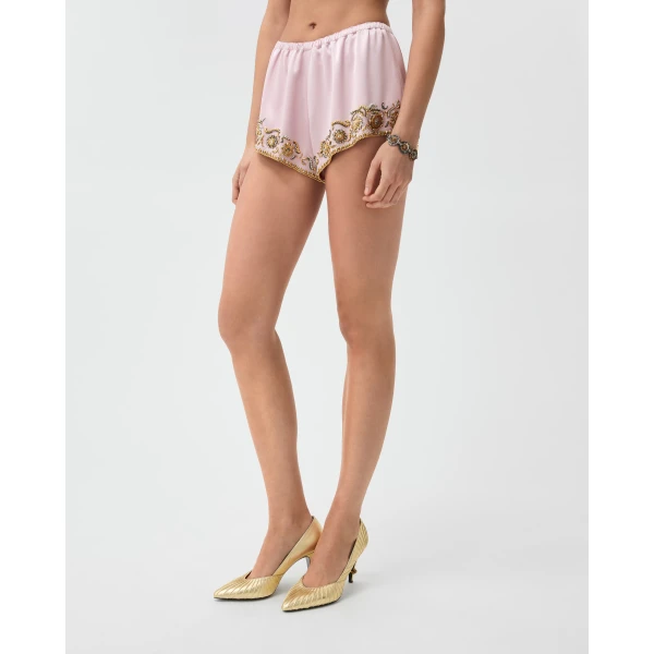 Versace Embroidered Silk Cady Satin Shorts in Pink, view 4 | Shorts