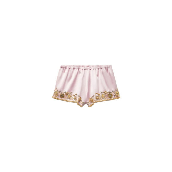 Versace Embroidered Silk Cady Satin Shorts in Pink | Shorts | Coveti