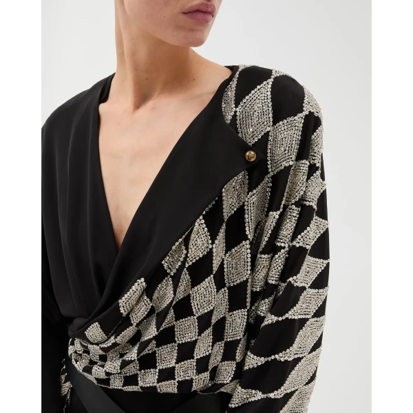 Versace Embroidered Silk Midi Evening Dress in Black, view 5 | Midi Dresses