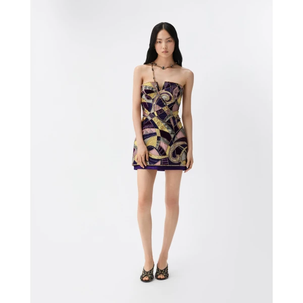 Versace Embroidered Silk-Satin Mini Dress in Multicolour, view 2 | Mini Dresses
