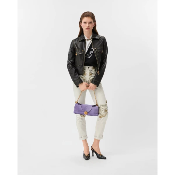 Versace Embroidered Straight Jeans in White, view 2 | Denim