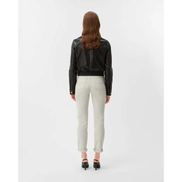 Versace Embroidered Straight Jeans in White, view 3 | Denim