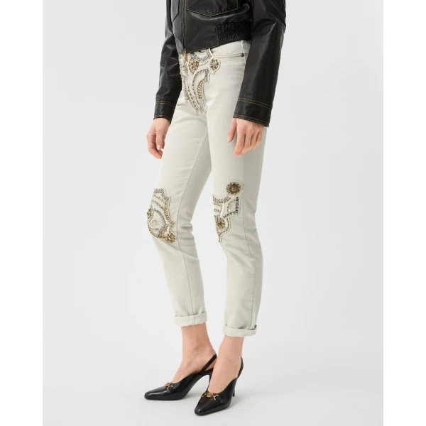 Versace Embroidered Straight Jeans in White, view 4 | Denim
