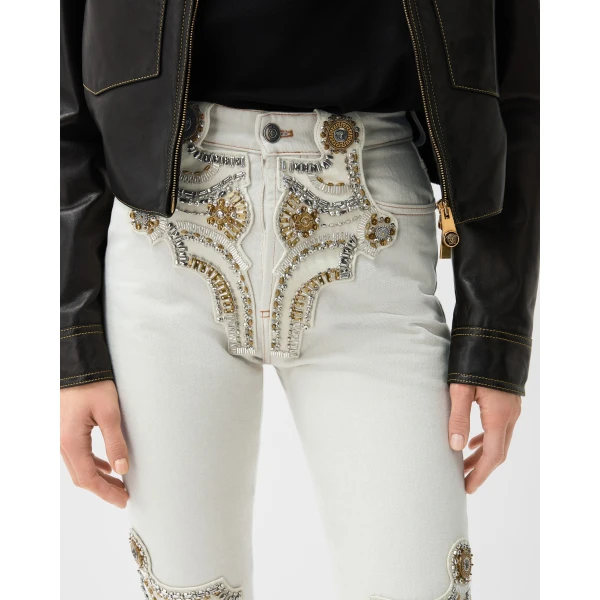 Versace Embroidered Straight Jeans in White, view 5 | Denim