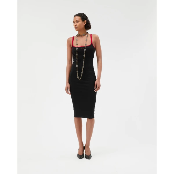 Versace Embroidered Stretch Cotton-Jersey Midi Dress in Black and Red, view 2 | Midi Dresses