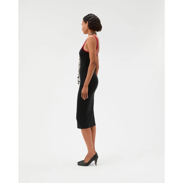 Versace Embroidered Stretch Cotton-Jersey Midi Dress in Black and Red, view 3 | Midi Dresses