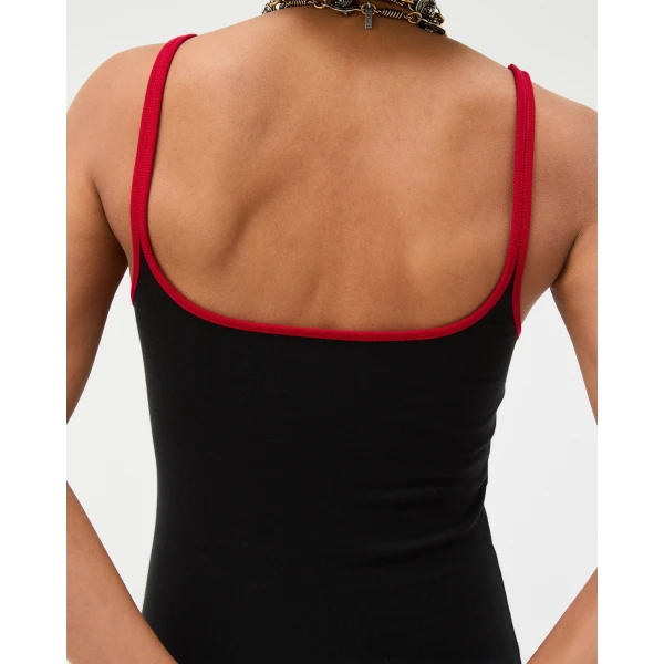 Versace Embroidered Stretch Cotton-Jersey Midi Dress in Black and Red, view 4 | Midi Dresses