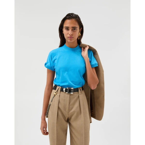Versace Embroidered Stretch Cotton-Jersey T-Shirt in Light Blue, view 2 | T-shirts