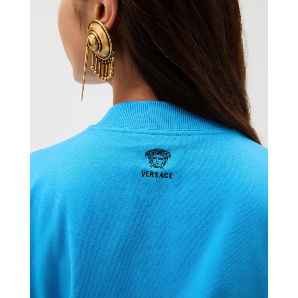 Versace Embroidered Stretch Cotton-Jersey T-Shirt in Light Blue, view 4 | T-shirts