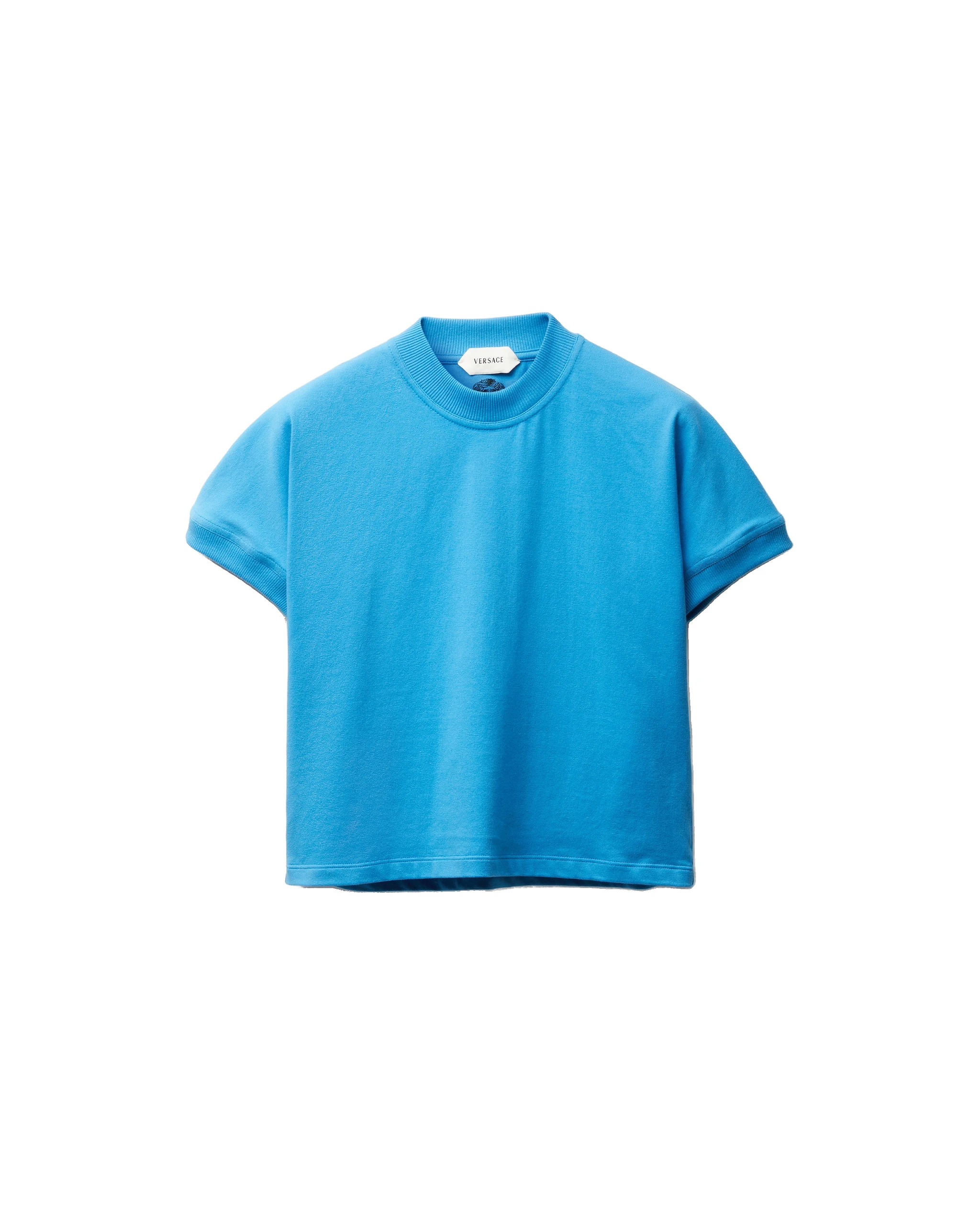 Versace Embroidered Stretch Cotton-Jersey T-Shirt in Light Blue Versace Embroidered Stretch Cotton-Jersey T-Shirt in Light Blue | T-shirts | Coveti