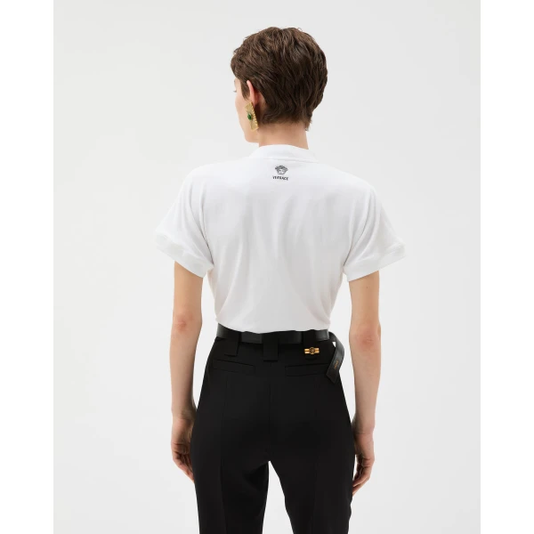 Versace Embroidered Stretch Cotton-Jersey T-Shirt in White, view 3 | T-shirts