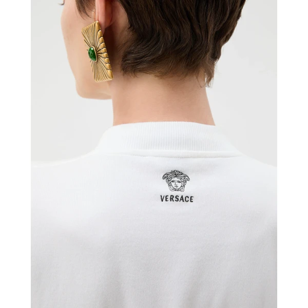 Versace Embroidered Stretch Cotton-Jersey T-Shirt in White, view 5 | T-shirts