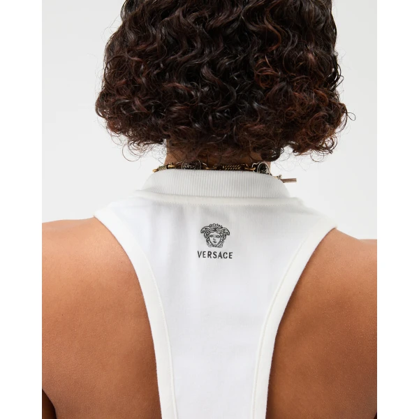 Versace Embroidered Stretch Cotton-Jersey Tank Mini Dress in White, view 5 | Mini Dresses