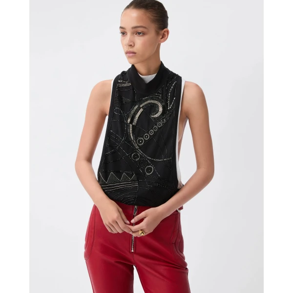 Versace Embroidered Stretch Cotton Jersey Tank Top in Black, view 2 | Sleeveless