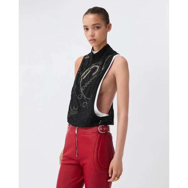 Versace Embroidered Stretch Cotton Jersey Tank Top in Black, view 4 | Sleeveless