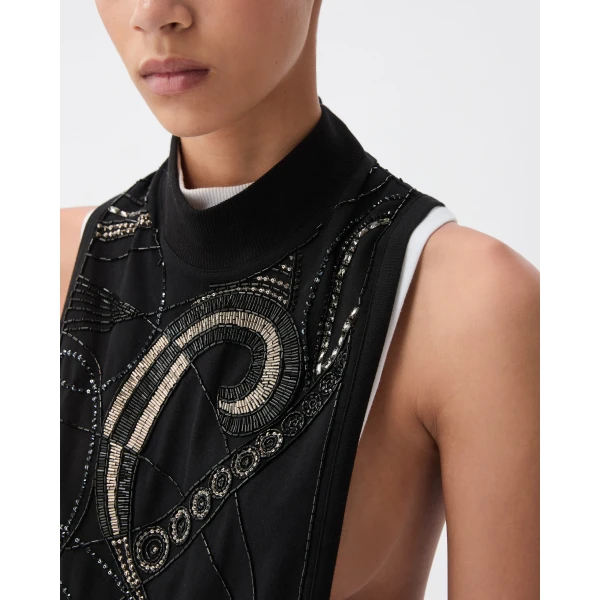 Versace Embroidered Stretch Cotton Jersey Tank Top in Black, view 5 | Sleeveless