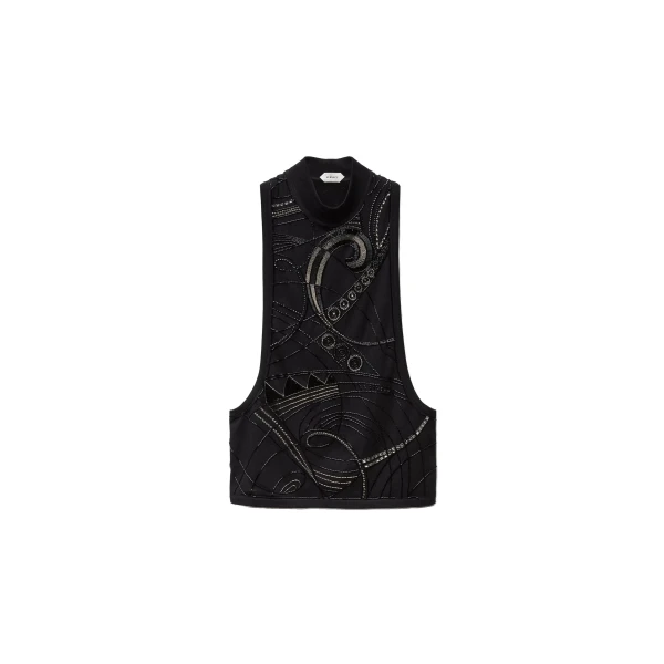 Embroidered Stretch Cotton Jersey Tank Top in Black