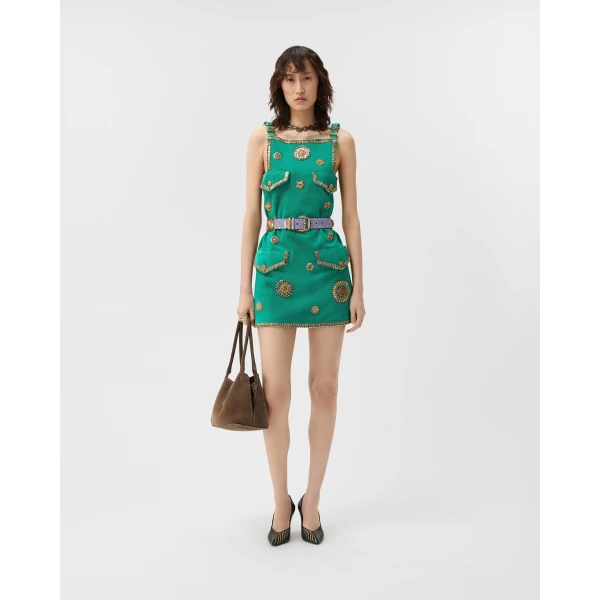 Versace Embroidered Suede Mini Dress in Green, view 2 | Mini Dresses