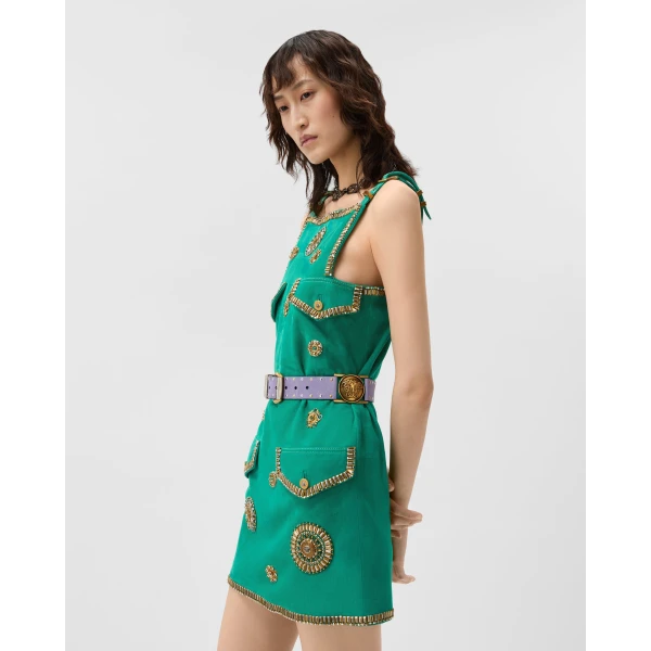 Versace Embroidered Suede Mini Dress in Green, view 4 | Mini Dresses