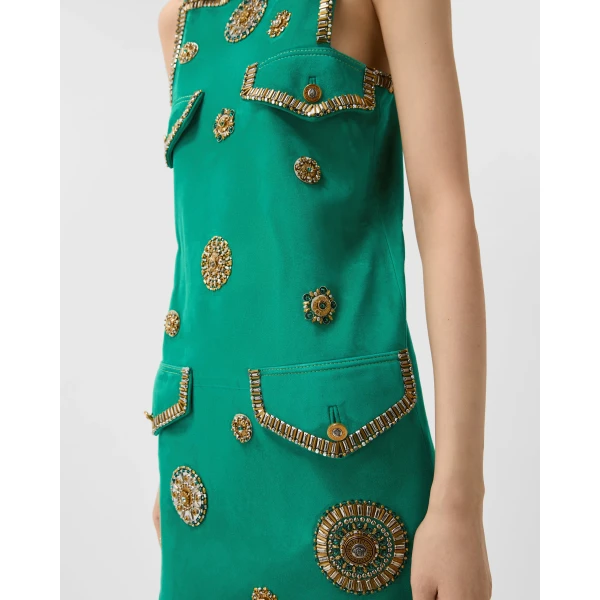 Versace Embroidered Suede Mini Dress in Green, view 5 | Mini Dresses