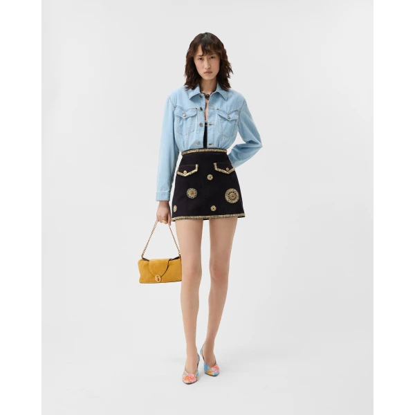 Versace Embroidered Suede Mini Skirt in Blue, view 2 | Mini Skirts