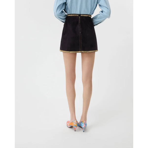 Versace Embroidered Suede Mini Skirt in Blue, view 3 | Mini Skirts