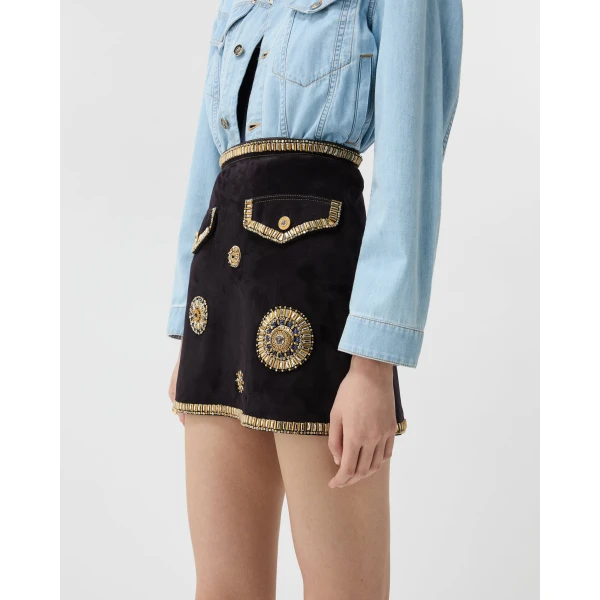 Versace Embroidered Suede Mini Skirt in Blue, view 4 | Mini Skirts