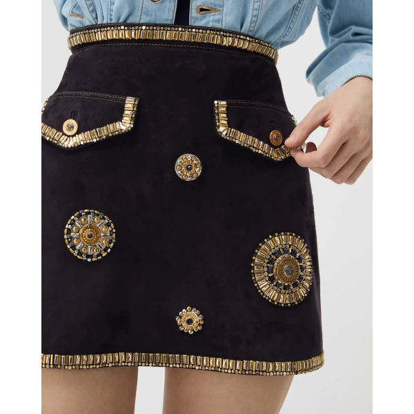 Versace Embroidered Suede Mini Skirt in Blue, view 5 | Mini Skirts