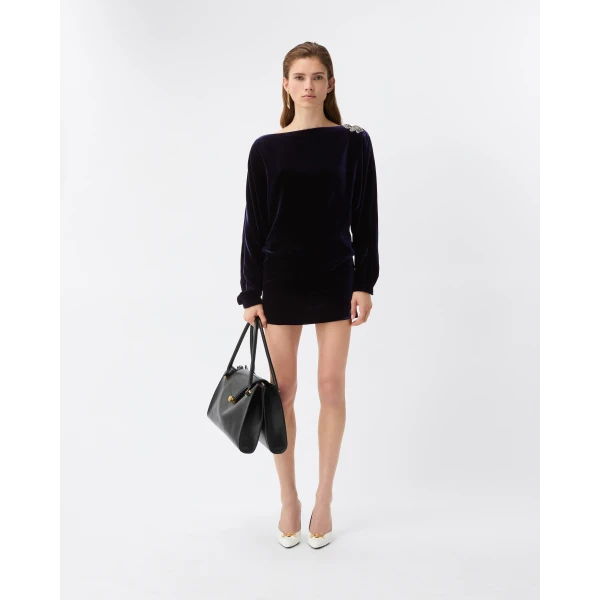 Versace Embroidered Velvet Mini Dress in Navy, view 2 | Mini Dresses