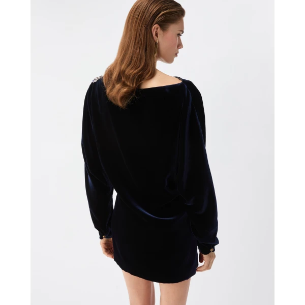 Versace Embroidered Velvet Mini Dress in Navy, view 3 | Mini Dresses