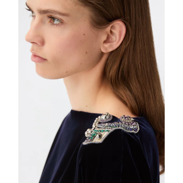 Versace Embroidered Velvet Mini Dress in Navy, view 4 | Mini Dresses