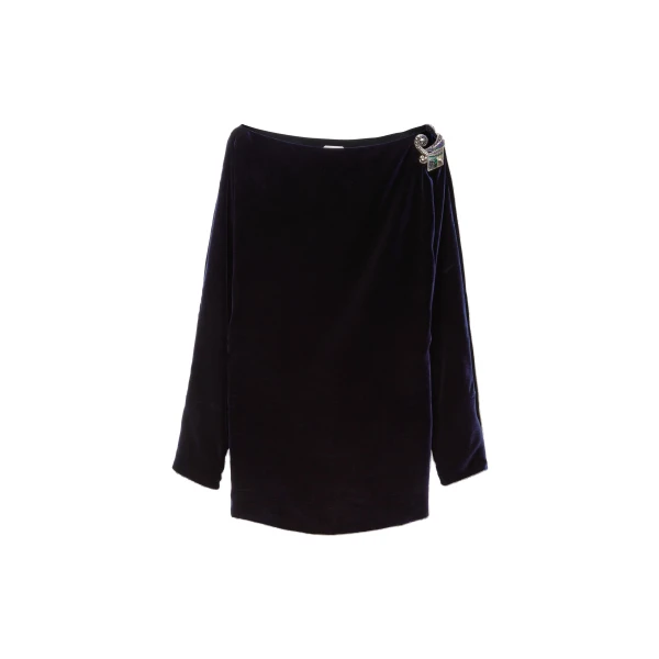 Versace Embroidered Velvet Mini Dress in Navy | Mini Dresses | Coveti
