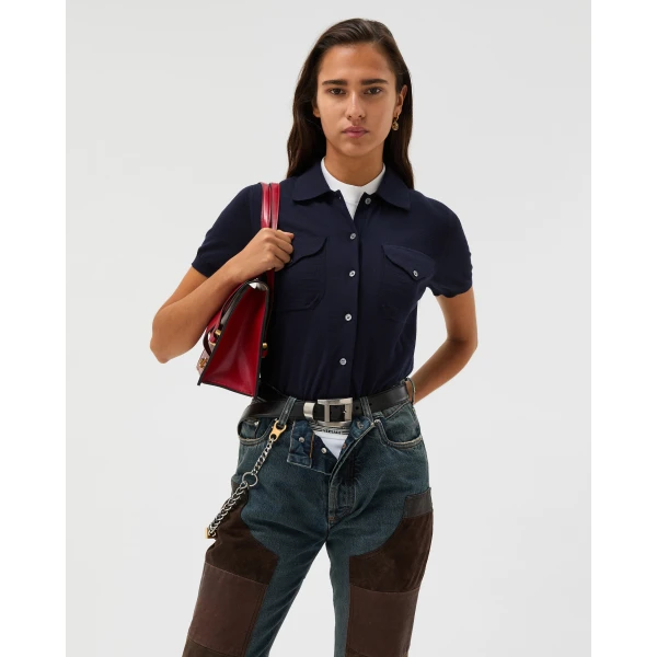 Versace Embroidered Wool Knit Cardigan in Blue, view 2 | Cardigan