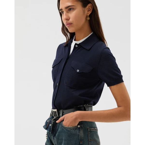 Versace Embroidered Wool Knit Cardigan in Blue, view 4 | Cardigan
