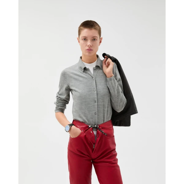 Versace Embroidered Wool Knit Cardigan in Grey, view 2 | Cardigan