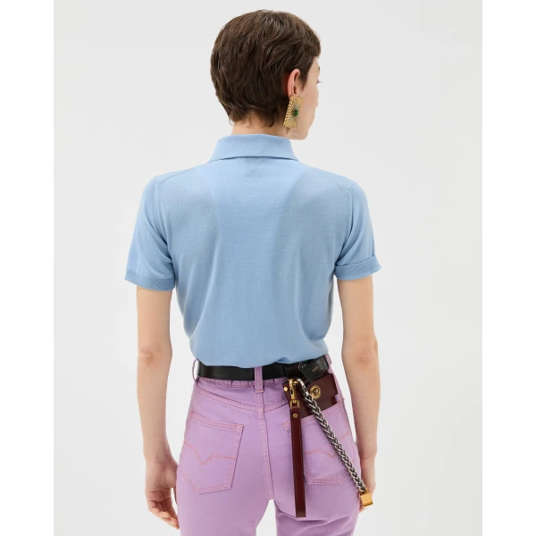 Versace Embroidered Wool Knit Cardigan in Light Blue, view 3 | Cardigan