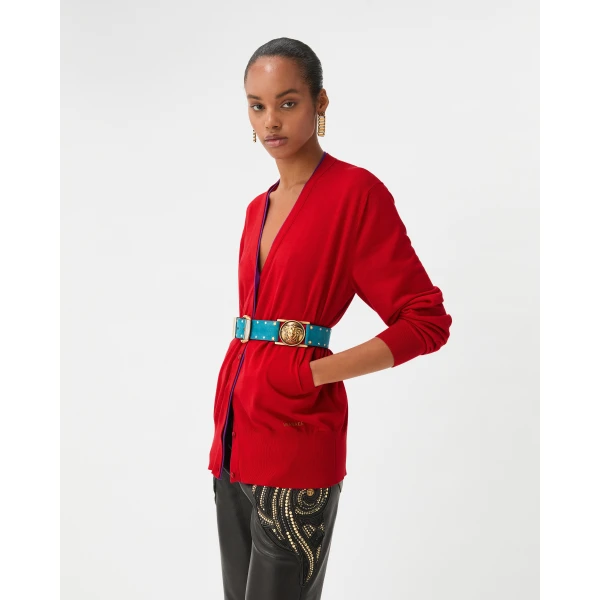 Versace Embroidered Wool Knit Cardigan in Red, view 2 | Cardigan