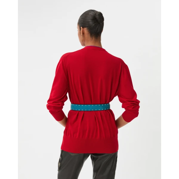 Versace Embroidered Wool Knit Cardigan in Red, view 3 | Cardigan