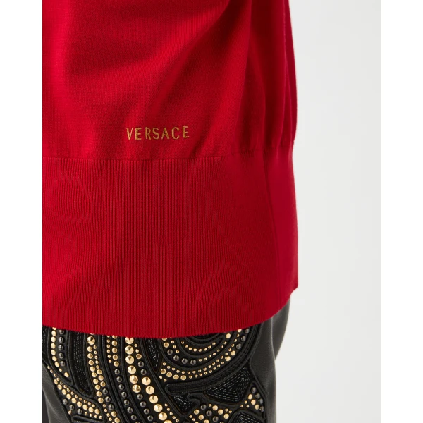 Versace Embroidered Wool Knit Cardigan in Red, view 4 | Cardigan