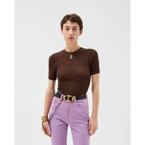Versace Embroidered Wool Ribbed Knit T-Shirt in Brown, view 2 | Sweaters
