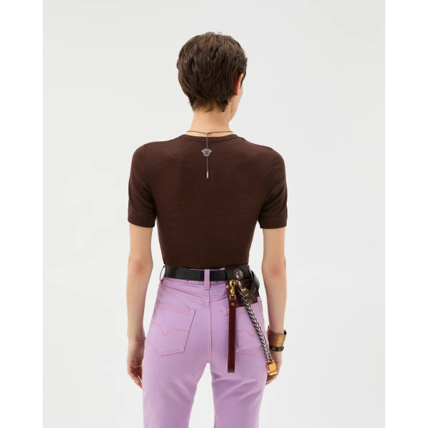 Versace Embroidered Wool Ribbed Knit T-Shirt in Brown, view 3 | Sweaters
