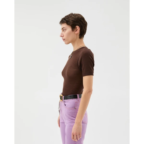 Versace Embroidered Wool Ribbed Knit T-Shirt in Brown, view 4 | Sweaters