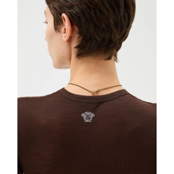 Versace Embroidered Wool Ribbed Knit T-Shirt in Brown, view 5 | Sweaters