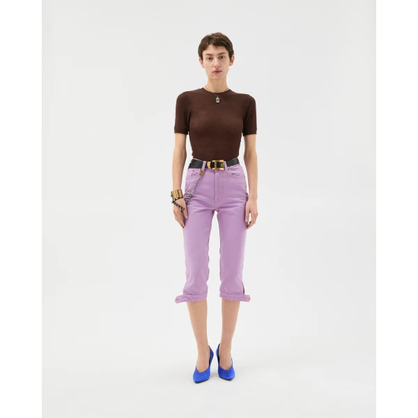 Versace Embroidered Wool Ribbed Knit T-Shirt in Brown, view 6 | Sweaters