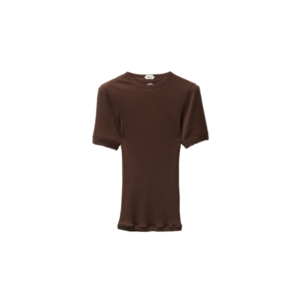 Embroidered Wool Ribbed Knit T-Shirt in Brown