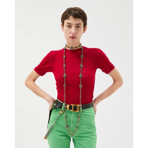 Versace Embroidered Wool Ribbed Knit T-Shirt in Red, view 2 | Sweaters