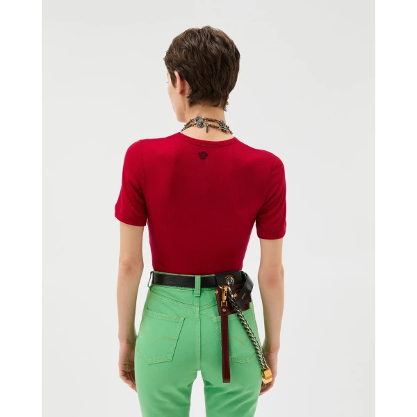 Versace Embroidered Wool Ribbed Knit T-Shirt in Red, view 3 | Sweaters